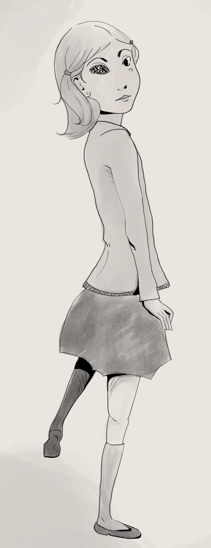Luminous World: An ink and watercolor style portrait of an adolescent girl. This is a cut-out of the previous image showing just the girl.